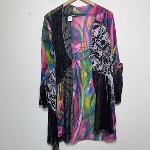 Creation Women Cardigan 2X Multicolor Patchwork Mesh Lace Art to Wear Open Front